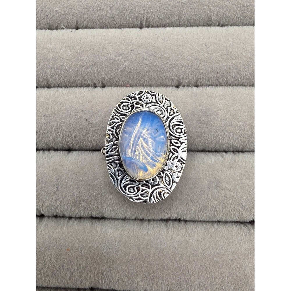 Oval Opalite Silver Plated Statement Ring Size 6 1/4 - Blue